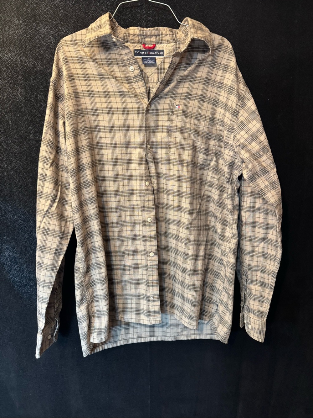 Tommy Hilfiger Mens Large Plaid Button Down Shirt Long Sleeve Cotton Tan Gray